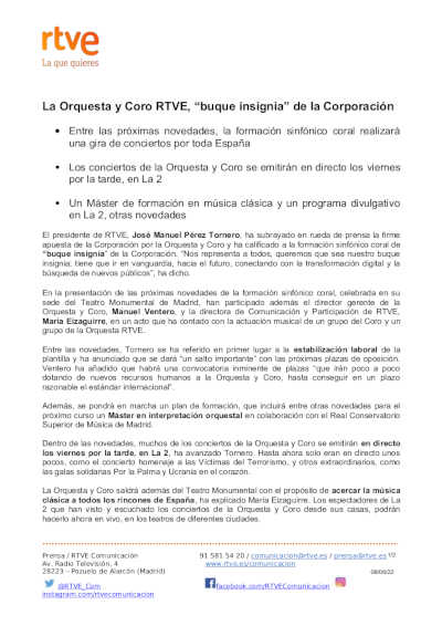 La Orquesta y Coro RTVE, “buque insignia” de la Corporación presenta la temporada 2022-2023