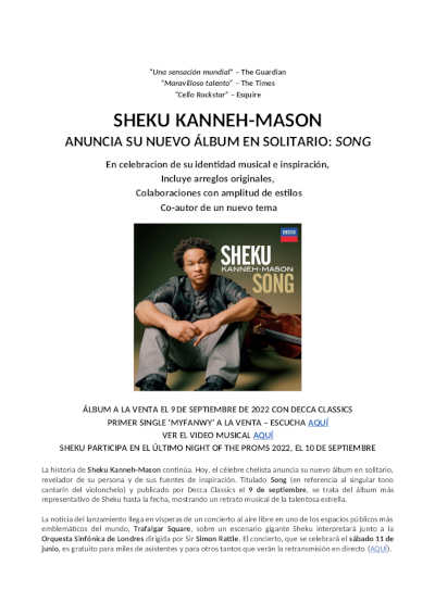 Sheku Kanneh-Mason anuncia «Song», su nuevo álbum en solitario Sheku Kanneh-Mason anuncia «Song», su nuevo álbum en solitario