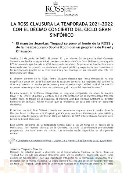 La ROSS clausura la Temporada 2021-2022 con el décimo concierto del Ciclo Gran Sinfónico