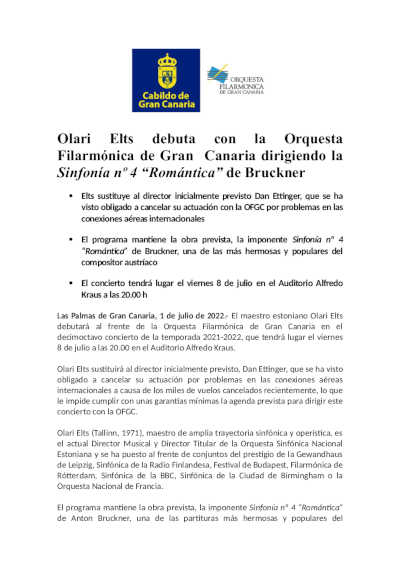 Olari Elts debuta con la Orquesta Filarmónica de Gran Canaria dirigiendo la Sinfonía nº 4 “Romántica” de Bruckner