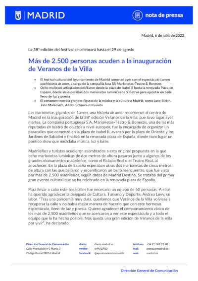 Más de 2.500 personas acuden a la inauguración de Veranos de la Villa 2022