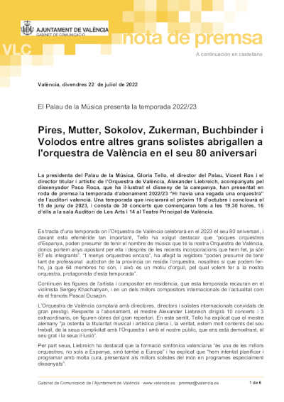 El Palau de la Música de València presenta la temporada 2022/23 junto a la OV en su 80 aniversario El Palau de la Música de València presenta la temporada 2022/23 junto a la OV en su 80 aniversario