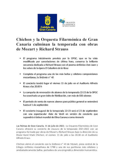Chichon y la Orquesta Filarmónica de Gran Canaria culminan la temporada con obras de Mozart y Richard Strauss Chichon y la Orquesta Filarmónica de Gran Canaria culminan la temporada con obras de Mozart y Richard Strauss