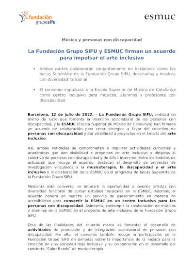 La Fundación Grupo SIFU y ESMUC firman un acuerdo para impulsar el arte inclusivo