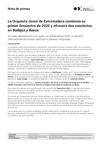 La Orquesta Joven de Extremadura ofrecerá dos conciertos, por su I Encuentro de 2022