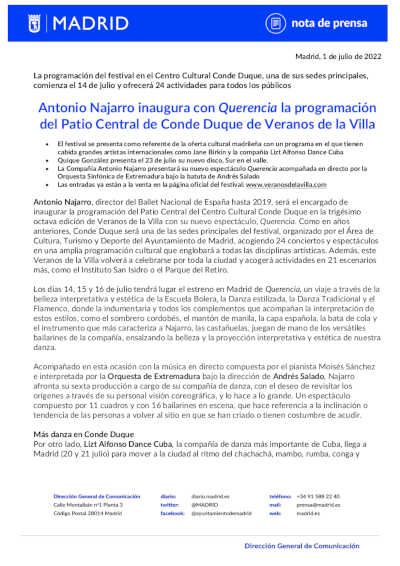 Antonio Najarro inaugura con Querencia la programación del Patio Central de Conde Duque de Veranos de la Villa