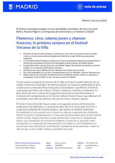 Flamenco, circo, talento joven y chanson francesa, en el festival Veranos de la Villa 2022