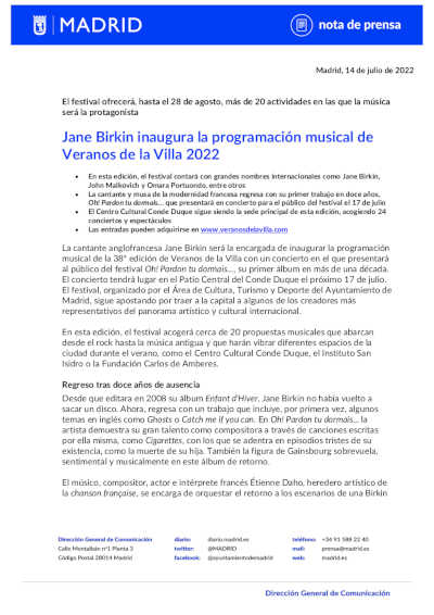 Jane Birkin inaugura la programación musical de Veranos de la Villa 2022