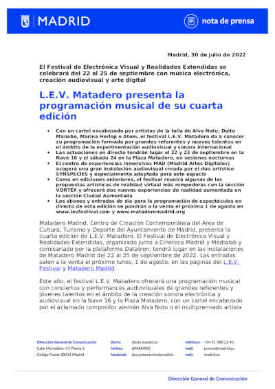 L.E.V. Matadero presenta la programación musical de su cuarta edición