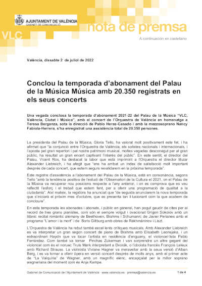 Concluye la temporada de abono del Palau de la Música con 20.350 registrados en sus conciertos