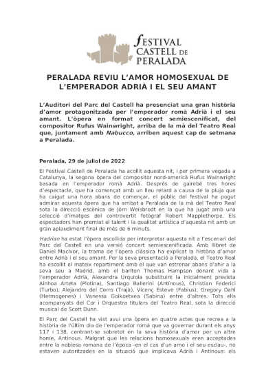 Festival Castell de Peralada recuerda el amor homosexual del emperador Adriano y su amante