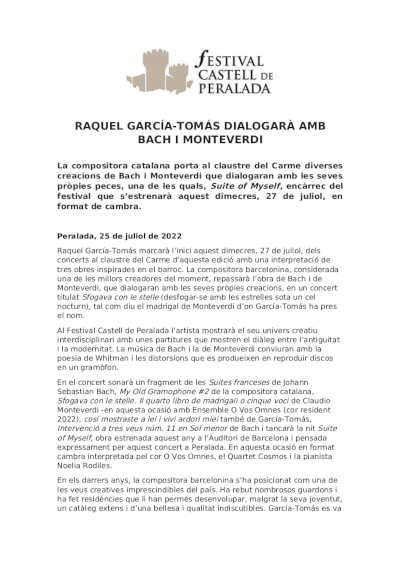 Raquel García-Tomás dialogará con Bach y Monteverdi en el Festival Castell de Peralada Raquel García-Tomás dialogará con Bach y Monteverdi en el Festival Castell de Peralada