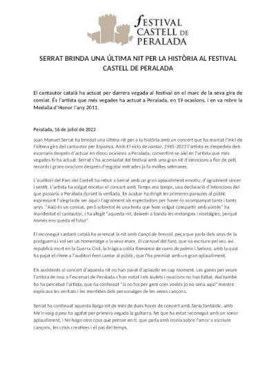 Serrat brinda una última noche para la historia en el Festival Castell de Peralada