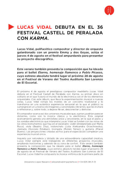 Lucas Vidal debuta en el 36 Festival Castell de Peralada con Karma