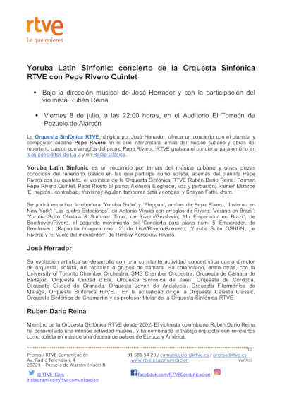 Yoruba Latin Sinfonic: concierto de la Orquesta Sinfónica RTVE con Pepe Rivero Quintet