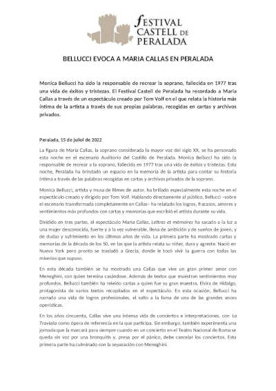 Mónica Bellucci evoca a María Callas en el Festival Castell de Peralada