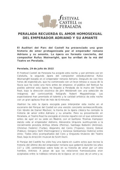 Festival Castell de Peralada recuerda el amor homosexual del emperador Adriano y su amante