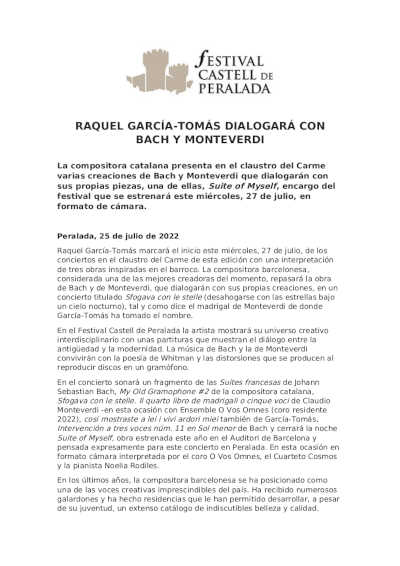 Raquel García-Tomás dialogará con Bach y Monteverdi en el Festival Castell de Peralada Raquel García-Tomás dialogará con Bach y Monteverdi en el Festival Castell de Peralada