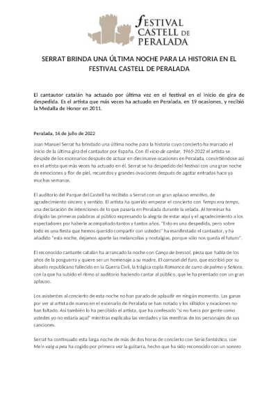 Serrat brinda una última noche para la historia en el Festival Castell de Peralada