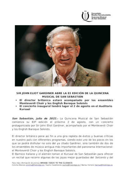 Sir John Eliot Gardiner abre la 83º edición de la Quincena Musical de San Sebastián