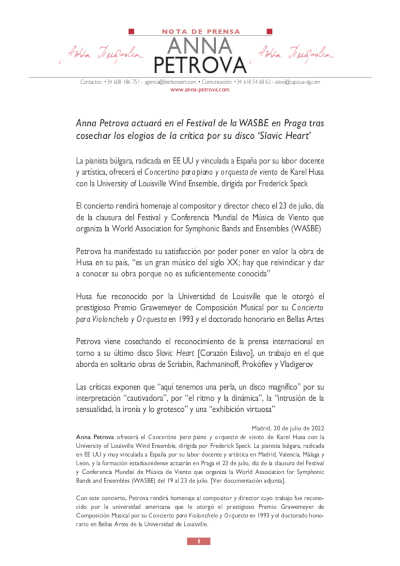 Anna Petrova actuará en el Festival de la WASBE en Praga tras cosechar elogios por su disco «Slavic Heart»
