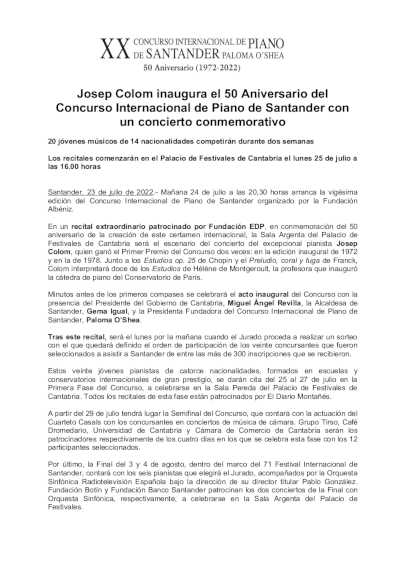 Josep Colom inaugura el 50º Concurso Internacional de Piano de Santander con un concierto conmemorativo