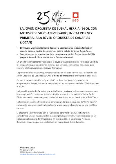 La Joven Orquesta de Euskal Herria (EGO) con motivo de su 25 aniversario invita a la JOCAM