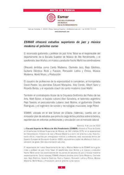 ESMAR ofrecerá estudios superiores de jazz y música moderna el próximo curso