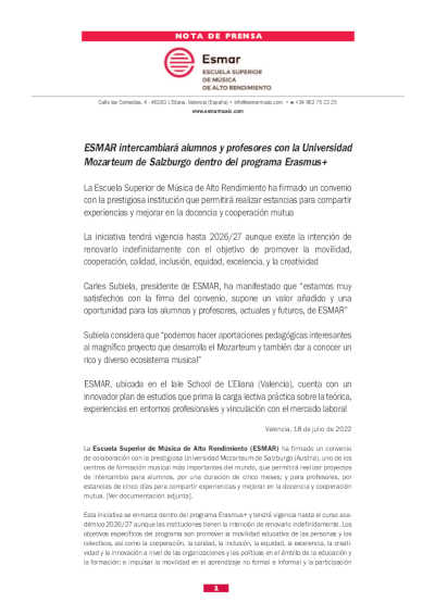 ESMAR intercambiará alumnos y profesores con la Universidad Mozarteum de Salzburgo dentro del programa Erasmus+