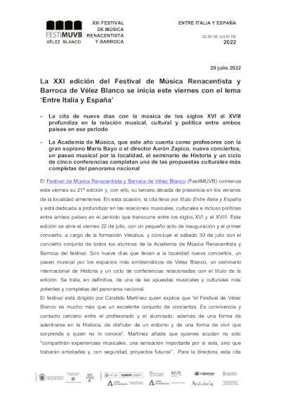 Comienza la XXI edición del Festival de Música Renacentista y Barroca de Vélez Blanco