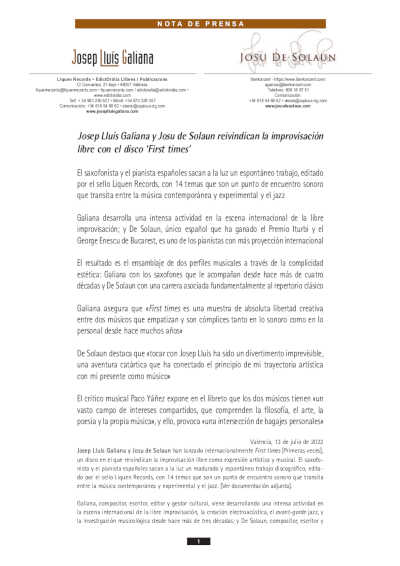 Josep Lluís Galiana y Josu de Solaun reivindican la improvisación libre con el disco «First times»