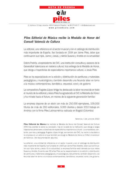 Piles Editorial de Música recibe la Medalla de Honor del Consell Valencià de Cultura