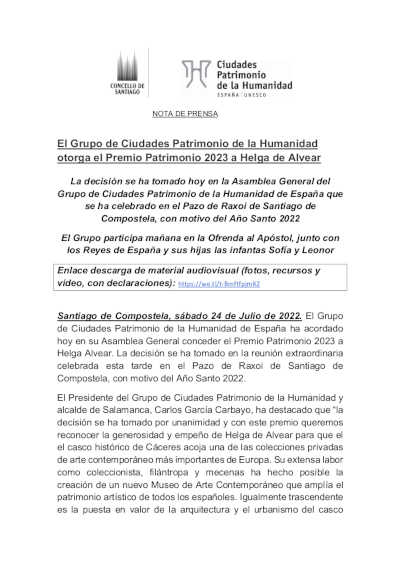El Grupo de Ciudades Patrimonio de la Humanidad otorga el Premio Patrimonio 2023 a Helga de Alvear