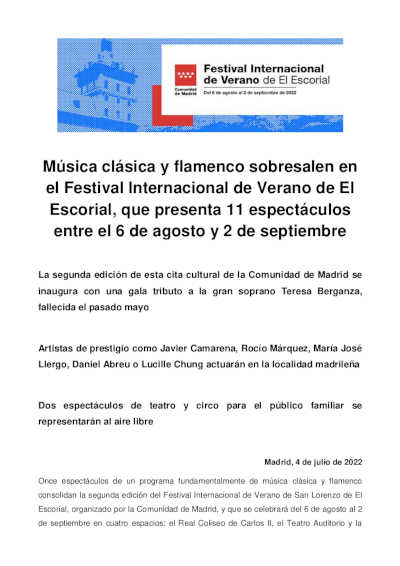 Música clásica y flamenco en el Festival Internacional de Verano de El Escorial, que presenta 11 espectáculos