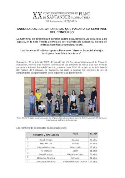 Anunciados los 12 pianistas que pasan a la Semifinal del XX Concurso Internacional de Piano de Santander