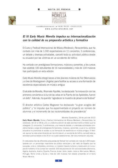 El XI Early Music Morella impulsa su internacionalización con la calidad de su propuesta artística y formativa