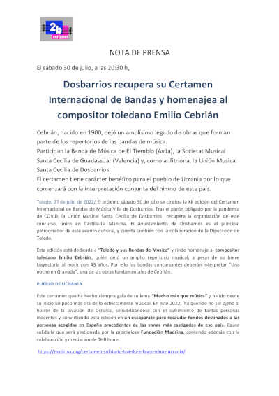 Dosbarrios recupera su Certamen Internacional de Bandas y homenajea al compositor toledano Emilio Cebrián