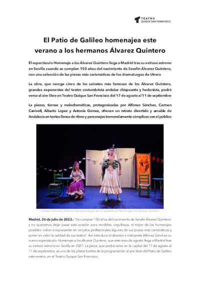 El Patio de Galileo homenajea este verano a los hermanos Álvarez Quintero