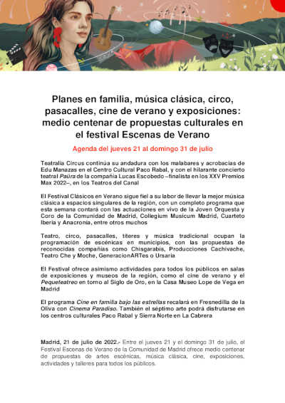 Planes en familia, música clásica, circo, pasacalles, cine de verano y exposiciones en el festival Escenas de Verano