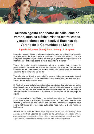 Arranca agosto con teatro, cine, música clásica, visitas teatralizadas y exposiciones en el festival Escenas de Verano