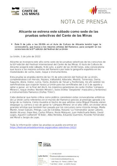 Alicante se estrena y Sagunto repite. Ambos albergarán pruebas selectivas del Cante de las Minas