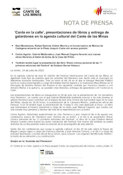«Cante en la calle», presentaciones de libros y entrega de galardones en la agenda cultural del Cante de las Minas