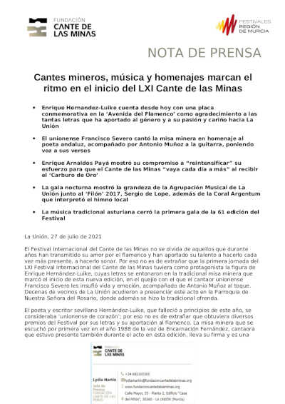Cantes mineros, música y homenajes marcan el ritmo en el inicio del LXI Cante de las Minas Cantes mineros, música y homenajes marcan el ritmo en el inicio del LXI Cante de las Minas