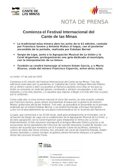 Comienza el Festival Internacional del  Cante de las Minas