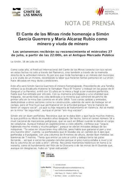 El Cante de las Minas rinde homenaje a Simón García Guerrero y María Alcaraz Rubio