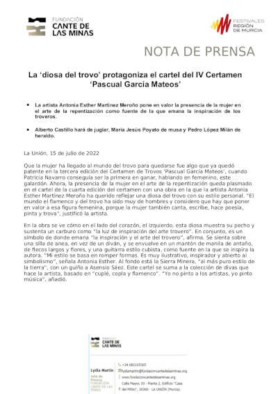 La «diosa del trovo» protagoniza el cartel del IV Certamen «Pascual García Mateos» La «diosa del trovo» protagoniza el cartel del IV Certamen «Pascual García Mateos»