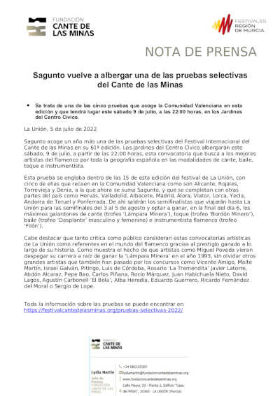 Alicante se estrena y Sagunto repite. Ambos albergarán pruebas selectivas del Cante de las Minas