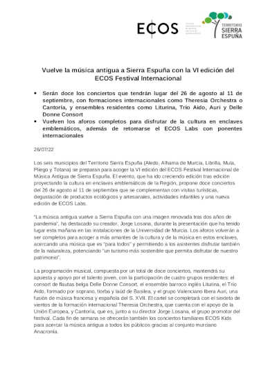 Vuelve la música antigua a Sierra Espuña con la VI edición del ECOS Festival Internacional