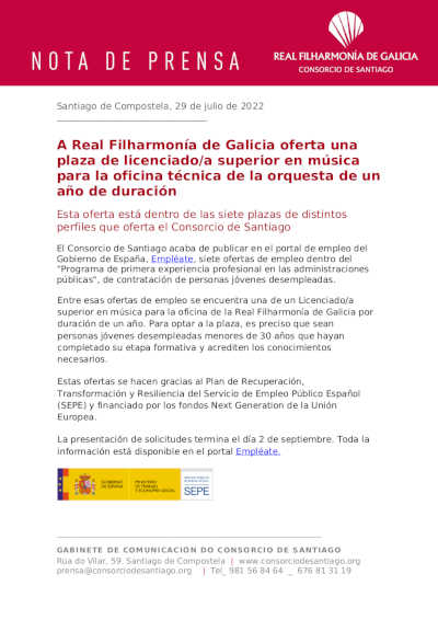 La Real Filharmonía de Galicia oferta plaza de licenciado/a superior en música
