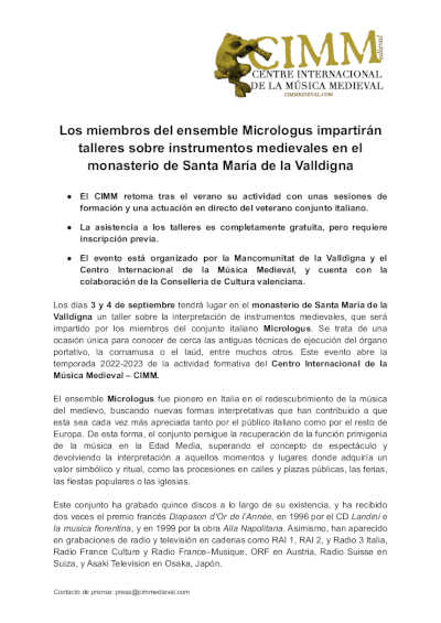 Miembros del ensemble Micrologus impartirán talleres sobre instrumentos medievales en el CIMM